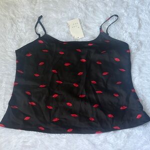 a new day Black Tank Top with Red Lip Print